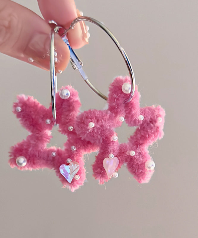 DIY Pink Stainless Steel Fuzzy Fur Fluffy Five-Pointed Star Hoop Earrings