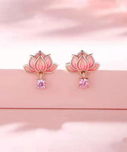 DIY Pink Sterling Silver Overgild Inlaid Zircon Enamerl Stud Earrings