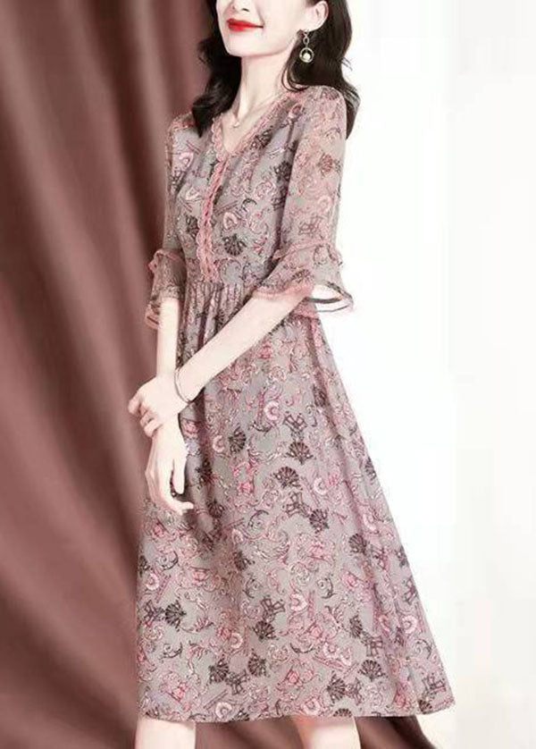 DIY Pink V Neck Lace Patchwork Print Chiffon Maxi Dresses Summer