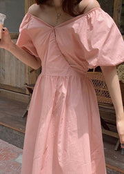 DIY Pink V Neck Wrinkled Patchwork Cotton Long Dress Summer