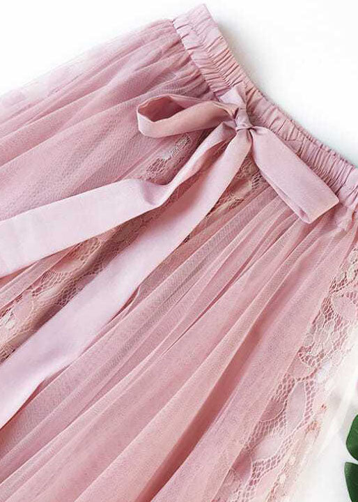 DIY Pink Wrinkled Patchwork Lace Tulle Skirt Spring