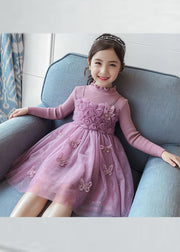 DIY Purple Butterfly Embroideried Floral Patchwork Tulle Girls Long Dresses Fall