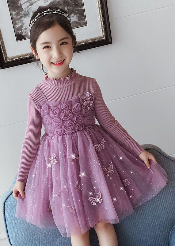 DIY Purple Butterfly Embroideried Floral Patchwork Tulle Girls Long Dresses Fall