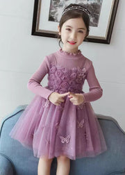 DIY Purple Butterfly Embroideried Floral Patchwork Tulle Girls Long Dresses Fall