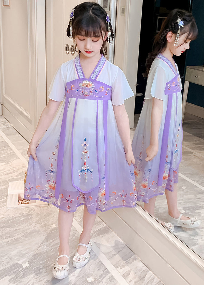 DIY Purple Embroideried Tassel Tulle Girls Long Dresses Summer