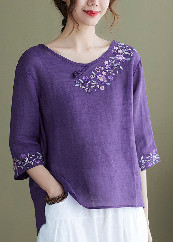 DIY purple-full of flowers Embroidered side open Half Sleeve Top