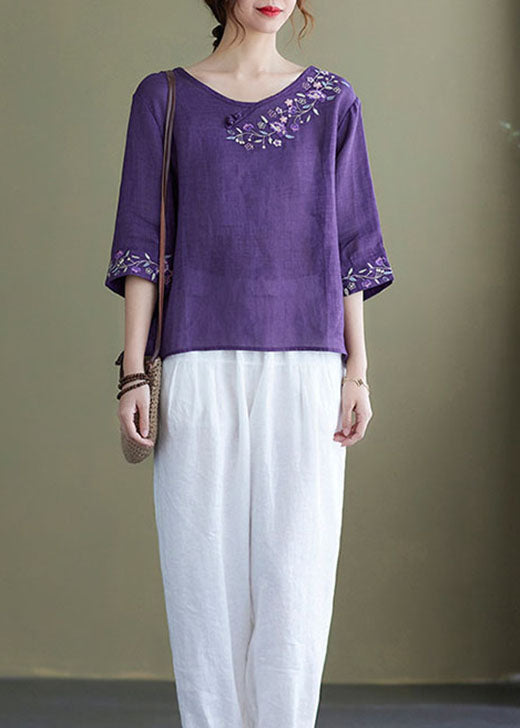 DIY purple-hem flower Embroideried side open Half Sleeve Top