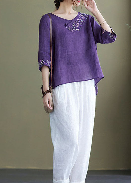 DIY purple-hem flower Embroideried side open Half Sleeve Top