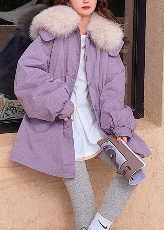 DIY Purple Fur Collar Pockets Patchwork Button Warm Fleece Parka Winter