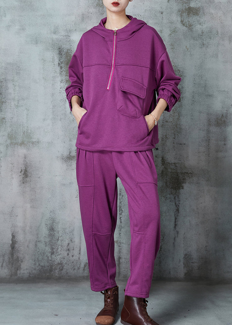 DIY Purple Hooded Drawstring Cotton Pullover Sweatshirt Two Piece Set Spring