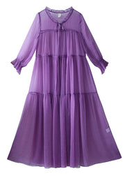 DIY Purple O-Neck Neck Tie Patchwork Chiffon Long Holiday Dresses Spring