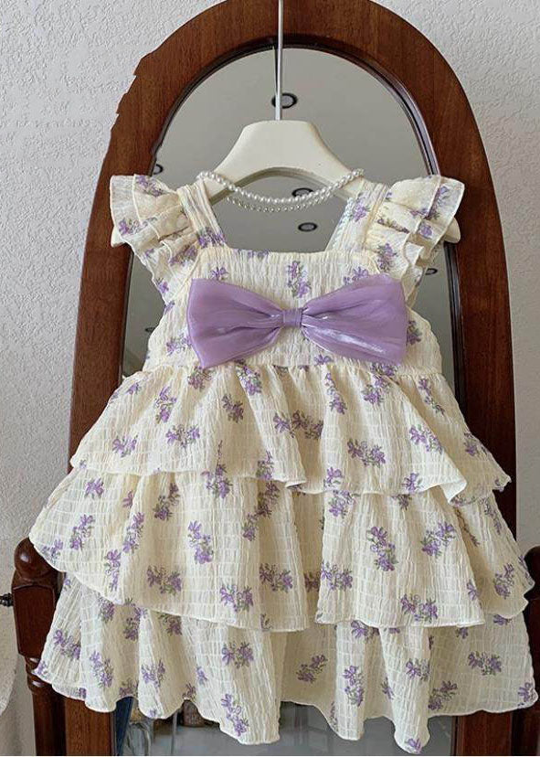 DIY Purple Print Bow Wrinkled Patchwork Cotton Kids Girls Dress Summer