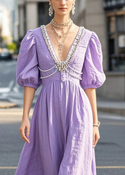 DIY Purple Puff Sleeve Nail Bead Cotton Dress Summer