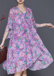 DIY Purple Ruffled Print Exra Large Hem Chiffon Dress Summer