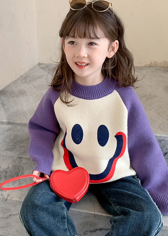 DIY Purple Smiling Face O-Neck Thick Cotton Knit Kids Sweater Spring