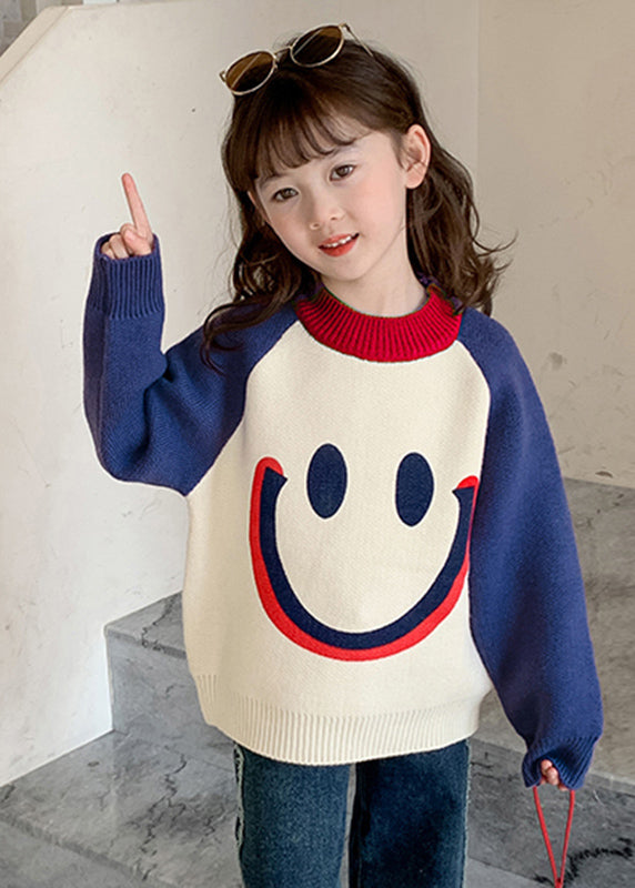 DIY Purple Smiling Face O-Neck Thick Cotton Knit Kids Sweater Spring