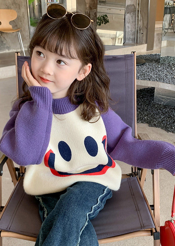 DIY Purple Smiling Face O-Neck Thick Cotton Knit Kids Sweater Winter