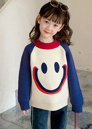 DIY Purple Smiling Face O-Neck Thick Cotton Knit Kids Sweater Spring