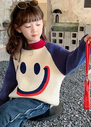 DIY Purple Smiling Face O-Neck Thick Cotton Knit Kids Sweater Spring