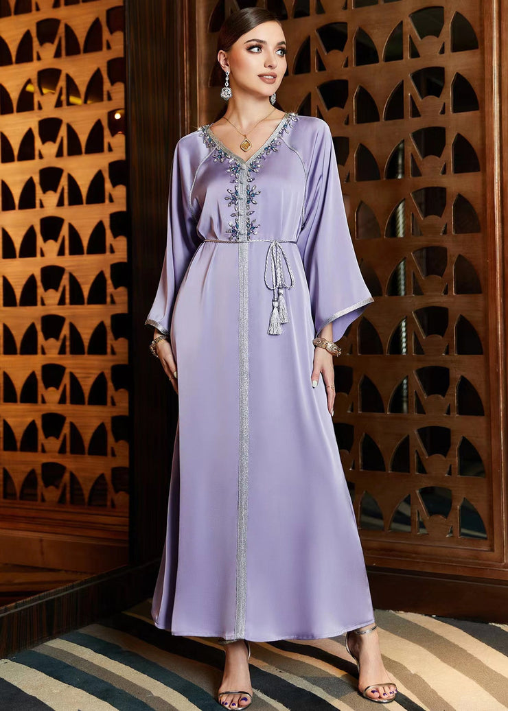 DIY Purple V Neck Patchwork Tie Waist Chiffon Maxi Dress Fall