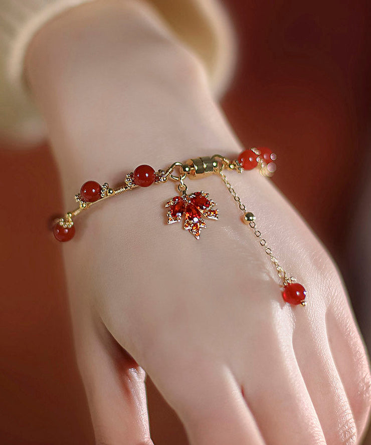 DIY Red 14K Gold Agate Maple Leaves Charm Bracelet