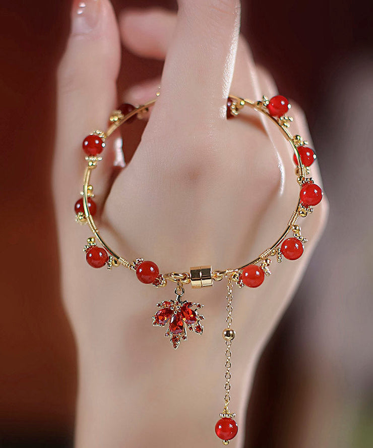 DIY Red 14K Gold Agate Maple Leaves Charm Bracelet