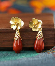 DIY Red Ancient Silver Inlaid Agate Floral Drop Earrings