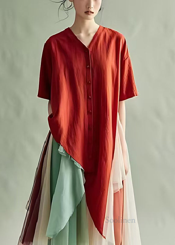 DIY Red Asymmetrical Oversized Cotton Shirt Tops Summer