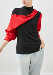 DIY Red Asymmetrical Patchwork Cotton Shirt Tops Batwing Sleeve