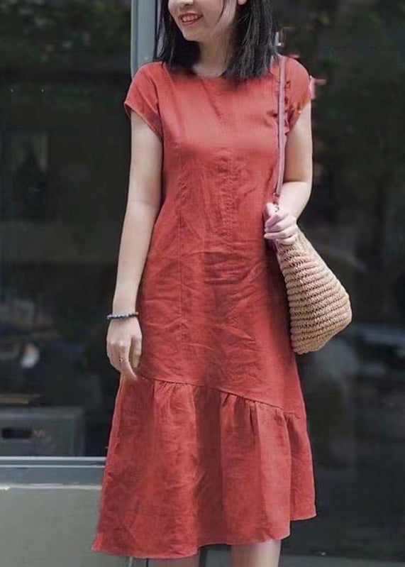 DIY Red Asymmetrical Patchwork Mid Dresses Short Sleeve
