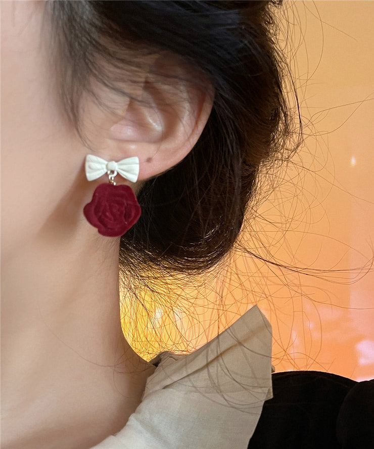 DIY Red Flocking Alloy Rose Flower Bow Drop Earrings