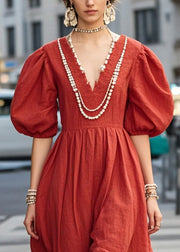 DIY Red Nail Bead Cotton Vacation Dresses Puff Sleeve