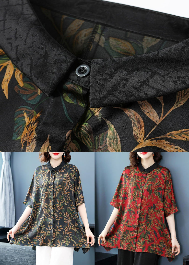 DIY Red Peter Pan Collar Print Patchwork Silk Shirts Summer