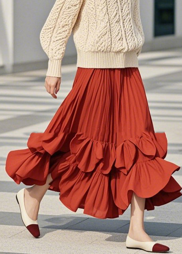 DIY Red Ruffled Patchwork A Line Skirts Spring