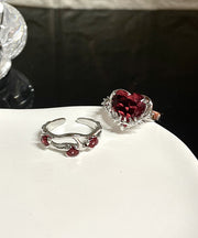 DIY Red Stainless Steel Zircon Rose And Love Rings Two piece Set