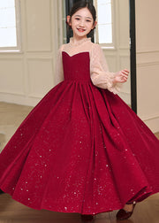 DIY Red Stand Collar Patchwork Wrinkled Tulle Girls Long Dress Spring