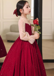 DIY Red Stand Collar Patchwork Wrinkled Tulle Girls Long Dress Fall