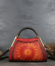 DIY Red The Sunflowers Jacquard Calf Leather Tote Handbag