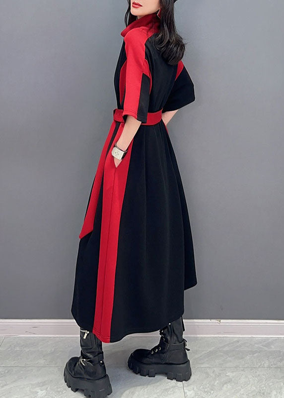 DIY Red Turtleneck Zip Up Tie Waist Patchwork Cotton Dresses Summer