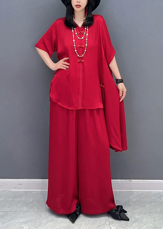 DIY Red V Neck Asymmetrical Solid Shirts And Wide Leg Pants Two Piece Set Spring