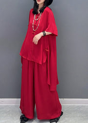 DIY Red V Neck Asymmetrical Solid Shirts And Wide Leg Pants Two Piece Set Spring