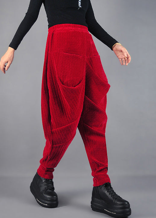 DIY Red Wrinkled Pockets Velvet Harem Pants Spring