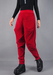 DIY Red Wrinkled Pockets Velvet Harem Pants Spring