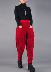 DIY Red Wrinkled Pockets Velvet Harem Pants Spring