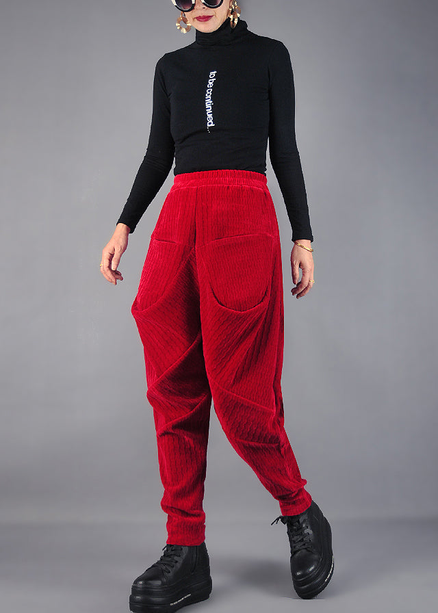 DIY Red Wrinkled Pockets Velvet Harem Pants Spring