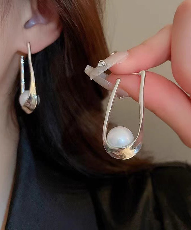 DIY Silk Alloy Pearl Asymmetrical U Shaped Hoop Earrings