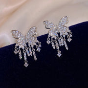 DIY Silk Sterling Silver Zircon Butterfly Tassel Drop Earrings