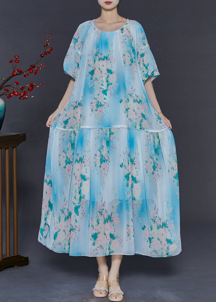 DIY Sky Blue Oversized Print Chiffon Long Dress Summer