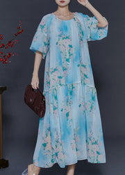 DIY Sky Blue Oversized Print Chiffon Long Dress Summer