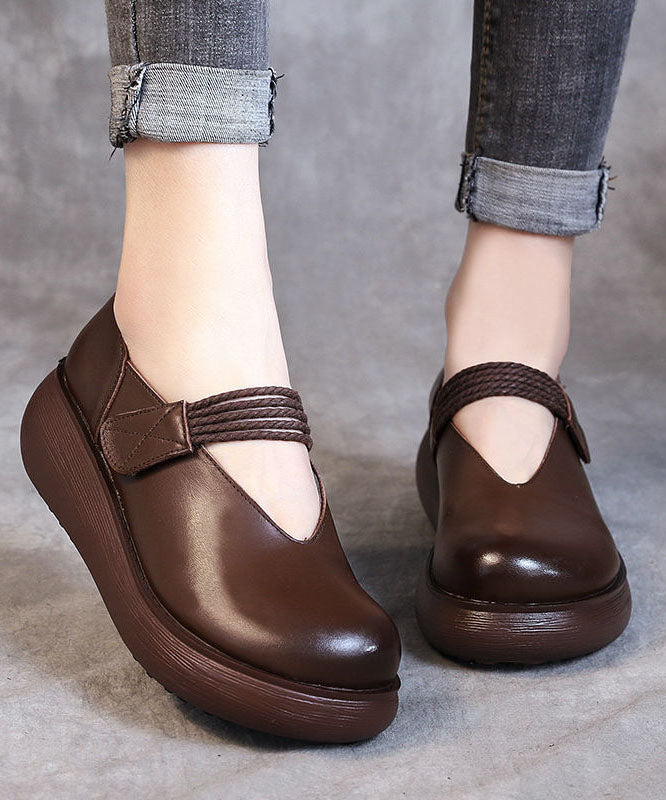 DIY Splicing Chunky High Wedge Heels Shoes Brown Cowhide Leather